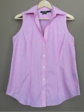 RALPH LAUREN Women’s 100% Cotton Pink Gingham Sleeveless Button-Up Shirt EUC M